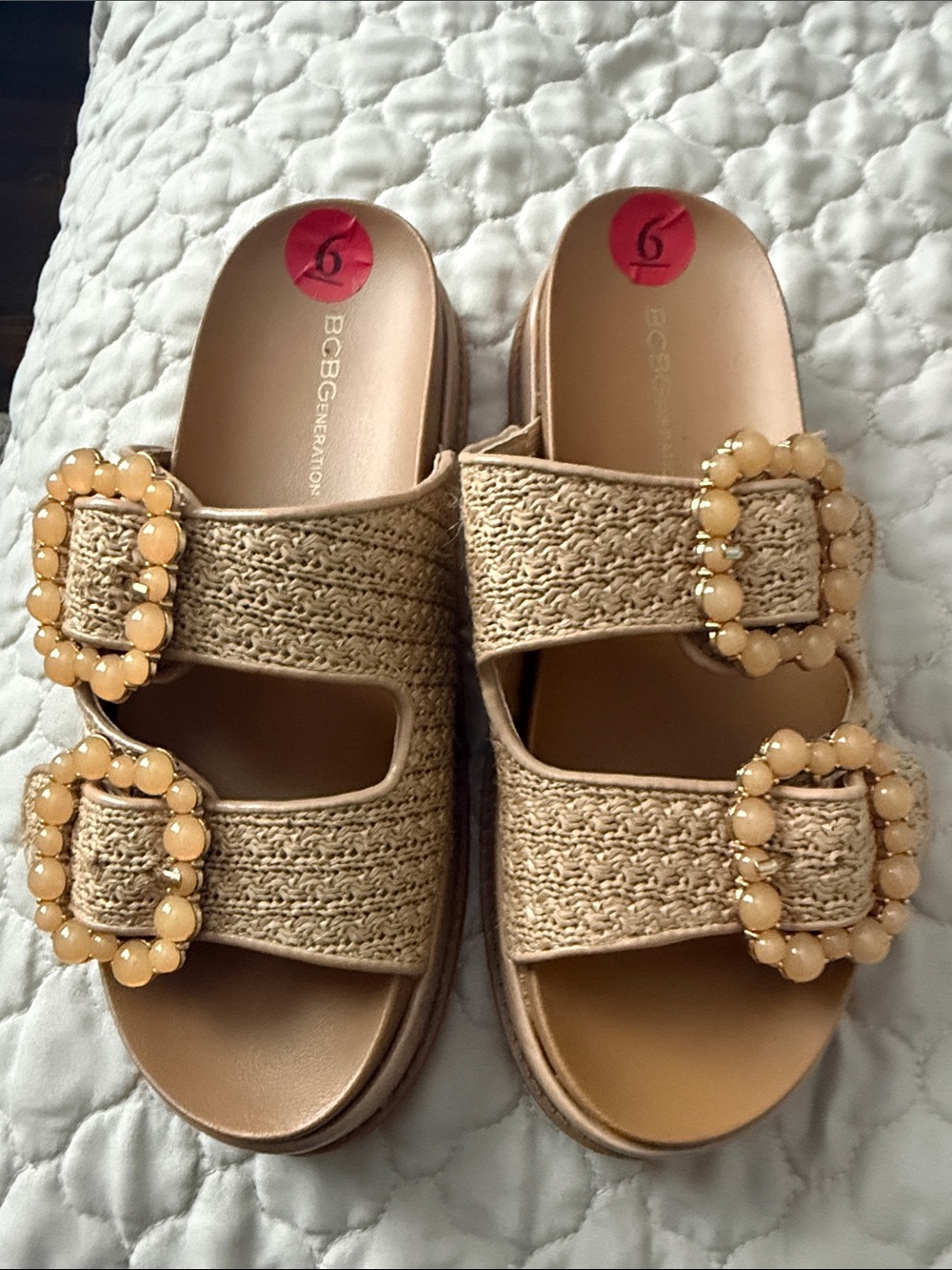 BCBGeneration Woven Tan Slide Sandals with Beaded Buckles